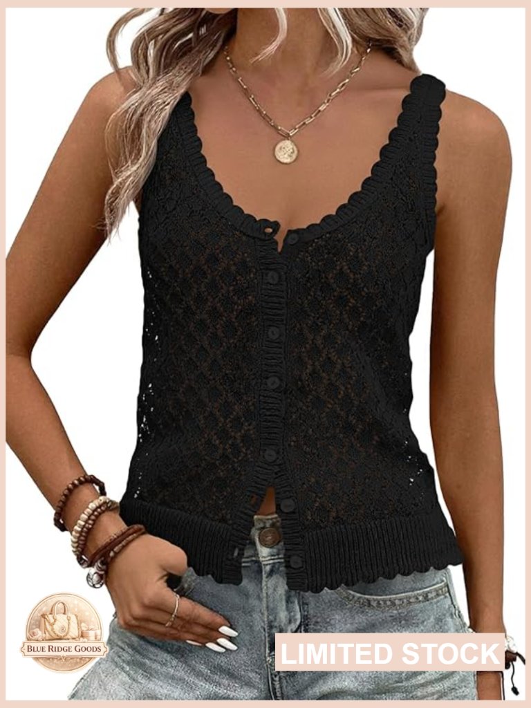 Sleeveless Crochet Button Down Cardigan Sweater Vest Boho Knit Going Out Top